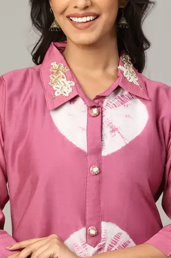 Pink sequence-moti-beads handwork & straight chanderi silk tie- dye kurti