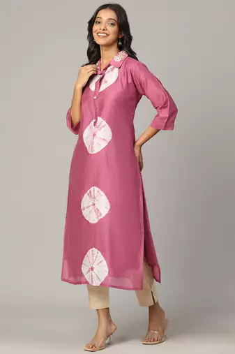 Pink sequence-moti-beads handwork & straight chanderi silk tie- dye kurti