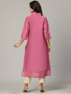 Pink sequence-moti-beads handwork & straight chanderi silk tie- dye kurti 5