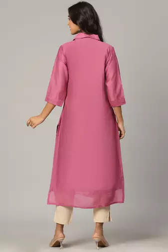 Pink sequence-moti-beads handwork & straight chanderi silk tie- dye kurti