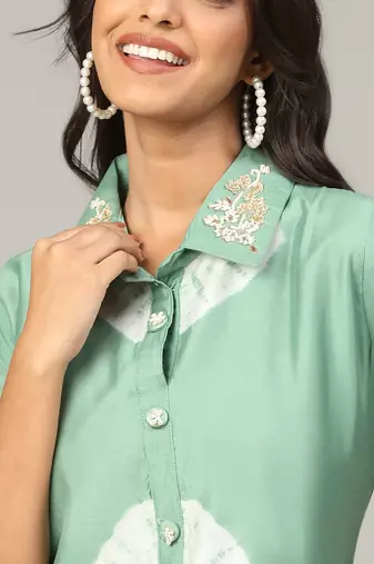 Pista sequence-moti-beads handwork & straight chanderi silk tie- dye kurti