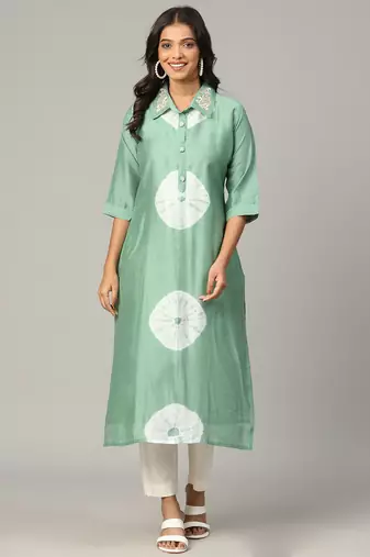 Pista sequence-moti-beads handwork & straight chanderi silk tie- dye kurti