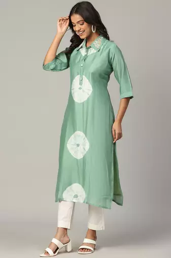Pista sequence-moti-beads handwork & straight chanderi silk tie- dye kurti