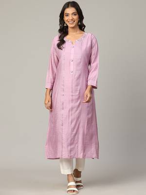 Lilac sequence-moti-beads handwork & straight chanderi silk crochet kurti 1