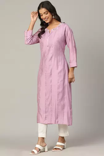 Lilac sequence-moti-beads handwork & straight chanderi silk crochet kurti