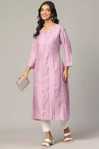 Lilac sequence-moti-beads handwork & straight chanderi silk crochet kurti