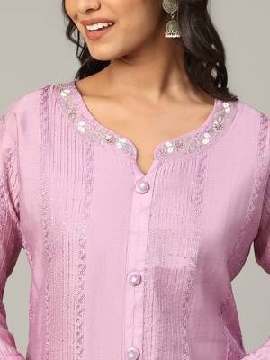 Lilac sequence-moti-beads handwork & straight chanderi silk crochet kurti 4