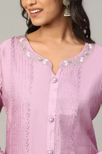 Lilac sequence-moti-beads handwork & straight chanderi silk crochet kurti