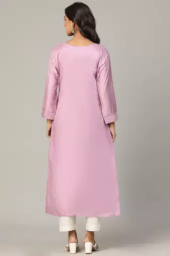 Lilac sequence-moti-beads handwork & straight chanderi silk crochet kurti