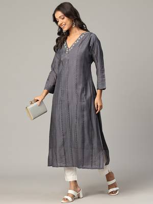 Grey sequence-moti-beads handwork & straight chanderi silk crochet kurti 1