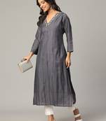 Grey sequence-moti-beads handwork & straight chanderi silk crochet kurti