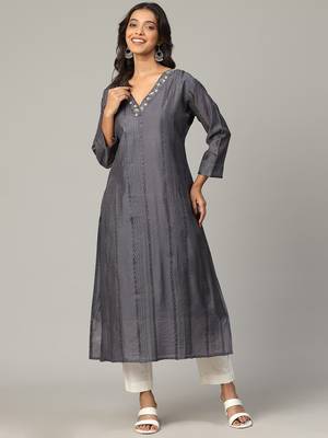 Grey sequence-moti-beads handwork & straight chanderi silk crochet kurti 2
