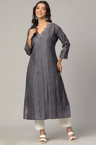 Grey sequence-moti-beads handwork & straight chanderi silk crochet kurti