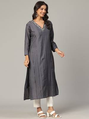 Grey sequence-moti-beads handwork & straight chanderi silk crochet kurti 3