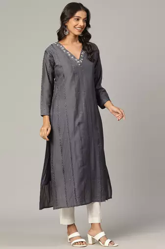 Grey sequence-moti-beads handwork & straight chanderi silk crochet kurti