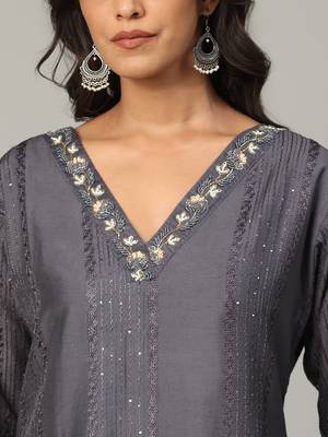 Grey sequence-moti-beads handwork & straight chanderi silk crochet kurti 4