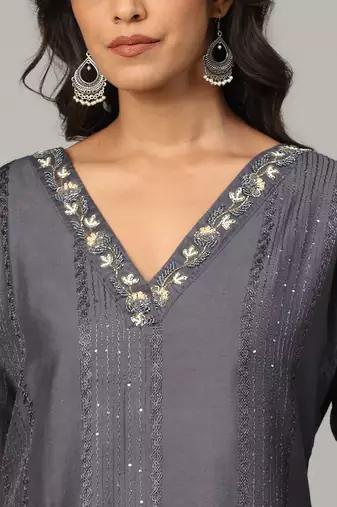 Grey sequence-moti-beads handwork & straight chanderi silk crochet kurti