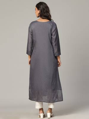 Grey sequence-moti-beads handwork & straight chanderi silk crochet kurti 5