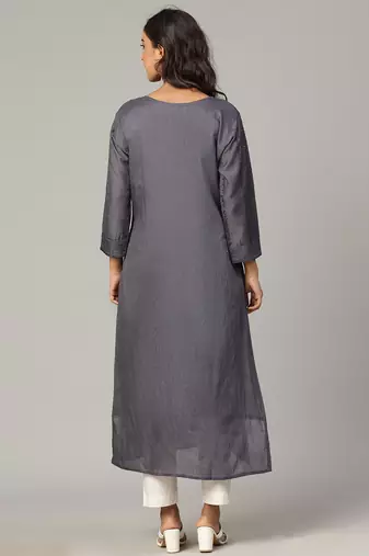 Grey sequence-moti-beads handwork & straight chanderi silk crochet kurti