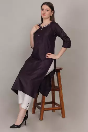 Plum moti-beads handwork & straight ruby cotton kurti