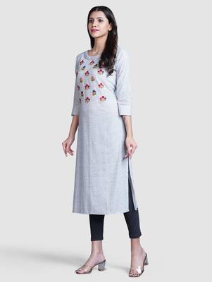 Grey thread work  & straight khadi cotton kurti 1