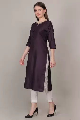 Plum moti-beads handwork & straight ruby cotton kurti