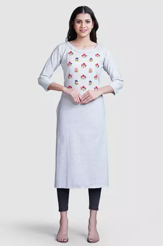Grey thread work  & straight khadi cotton kurti