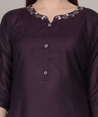 Plum moti-beads handwork & straight ruby cotton kurti 4