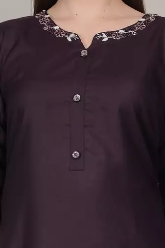 Plum moti-beads handwork & straight ruby cotton kurti