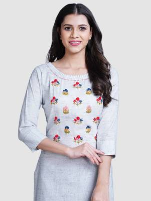 Grey thread work  & straight khadi cotton kurti 4