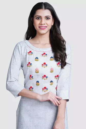 Grey thread work  & straight khadi cotton kurti