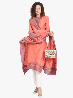 Peach self weaving moti handwork & straight pure cotton kurta & dupatta set 1