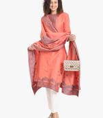 Peach self weaving moti handwork & straight pure cotton kurta & dupatta set