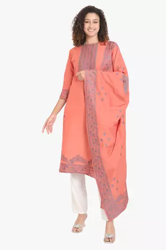 Peach self weaving moti handwork & straight pure cotton kurta & dupatta set