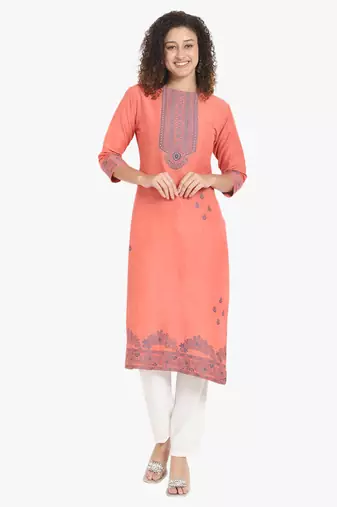 Peach self weaving moti handwork & straight pure cotton kurta & dupatta set