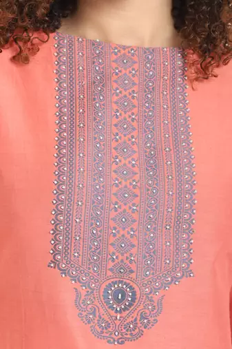 Peach self weaving moti handwork & straight pure cotton kurta & dupatta set