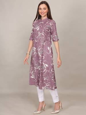 Mauve printed cotton flex chinese collar neck aline kurti 1