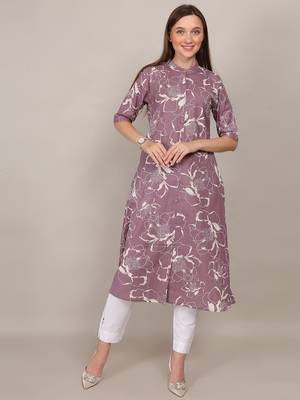 Mauve printed cotton flex chinese collar neck aline kurti 2