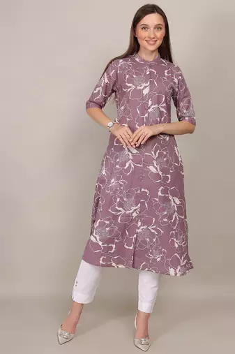 Mauve printed cotton flex chinese collar neck aline kurti