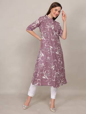 Mauve printed cotton flex chinese collar neck aline kurti 3