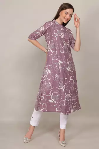 Mauve printed cotton flex chinese collar neck aline kurti