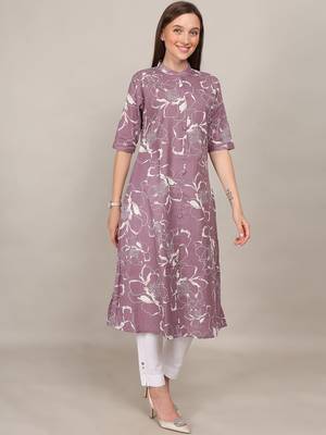 Mauve printed cotton flex chinese collar neck aline kurti 5
