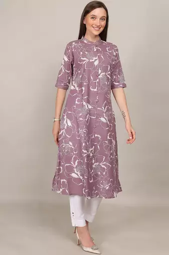 Mauve printed cotton flex chinese collar neck aline kurti
