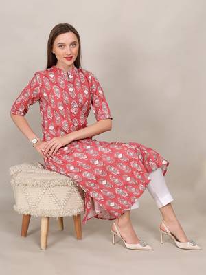 Red printed cotton flex halter collar neck aline kurti 1