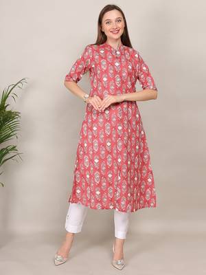 Red printed cotton flex halter collar neck aline kurti 2