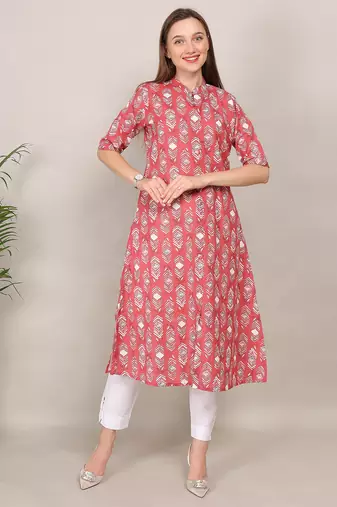 Red printed cotton flex halter collar neck aline kurti