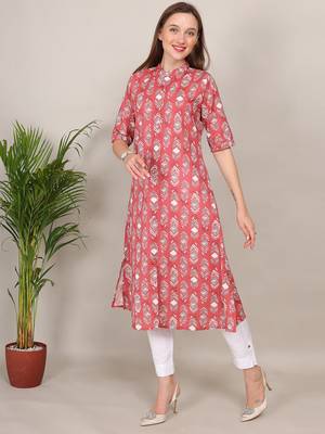 Red printed cotton flex halter collar neck aline kurti 3