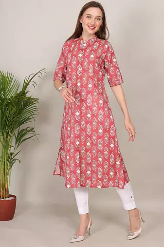 Red printed cotton flex halter collar neck aline kurti