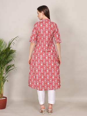 Red printed cotton flex halter collar neck aline kurti 5