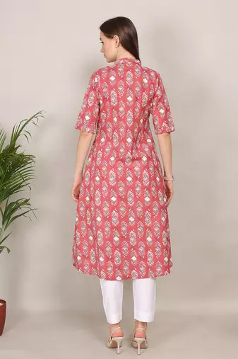 Red printed cotton flex halter collar neck aline kurti